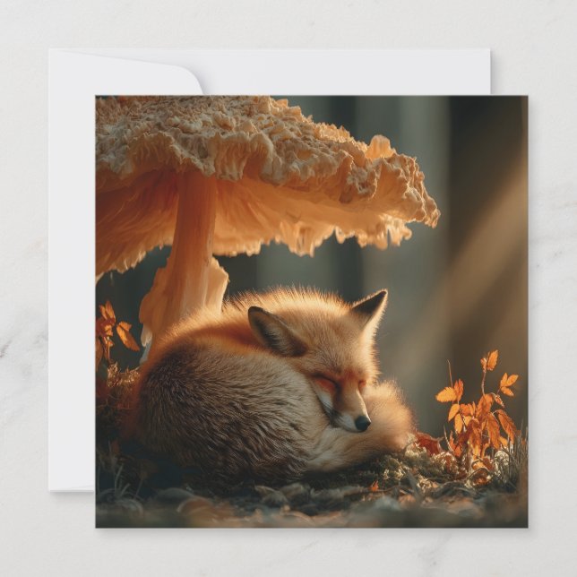 Red Fox Sleeping Under Giant Mushroom Holiday Card (Front)