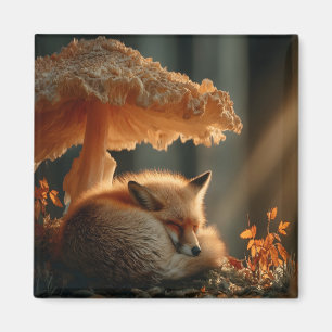 Red Fox Sleeping Under Giant Mushroom Magnet