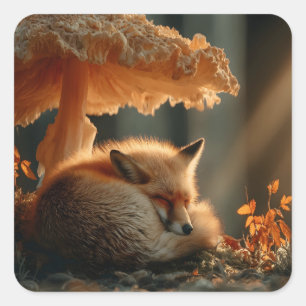 Red Fox Sleeping Under Giant Mushroom Square Sticker
