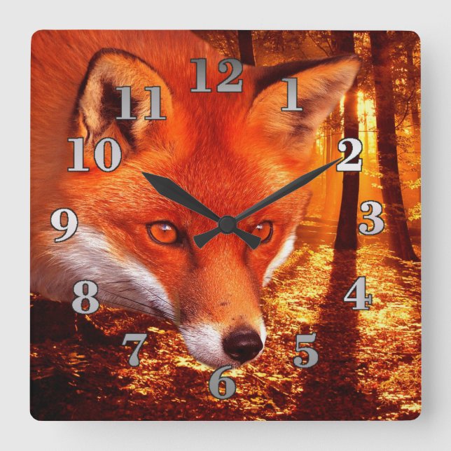 Red Fox Square Wall Clock (Front)