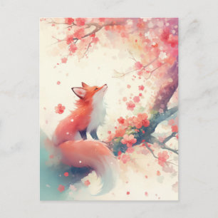 Red Fox Under Pink Cherry Blossom Postcard