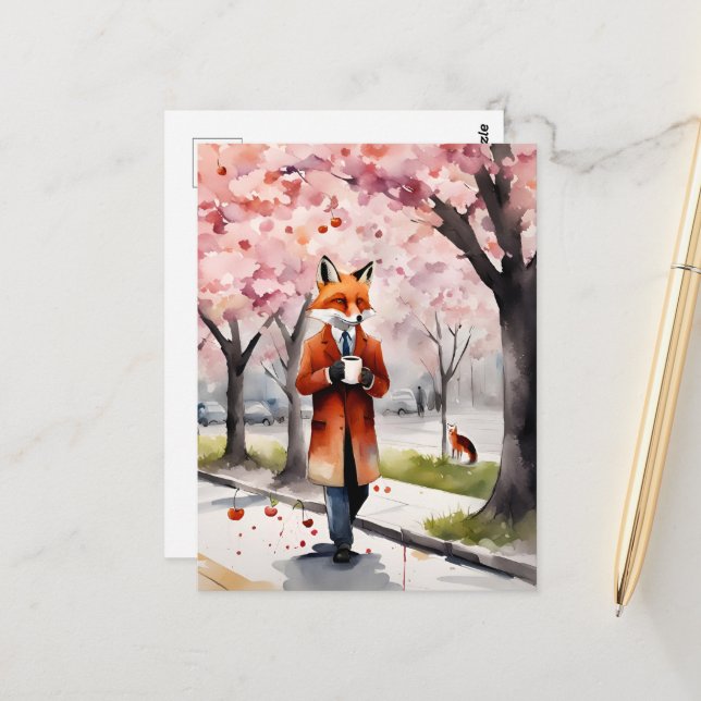 Red Fox Walking With a Coffee Cherry Blossoms Postcard (Front/Back In Situ)
