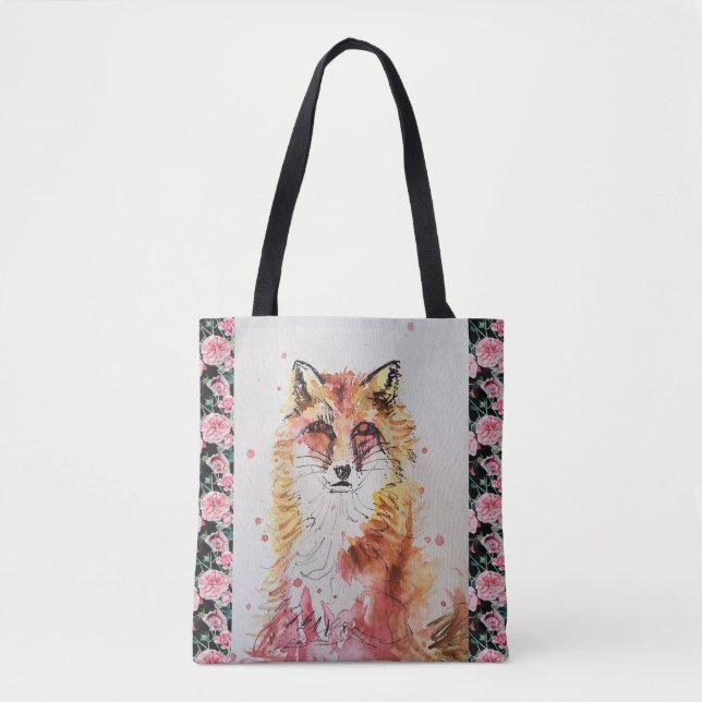 Red Fox Watercolor Painting Grocery Tote Bag (Front)