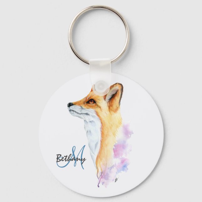Red Fox Watercolor Personalized  Key Ring (Front)