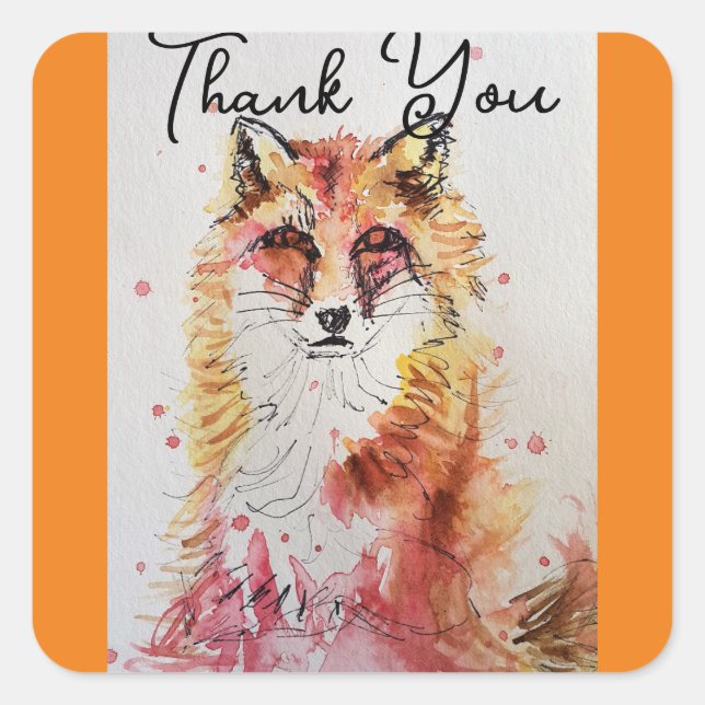 Red Fox Watercolour Birthday Party Paper Plate Square Sticker (Front)