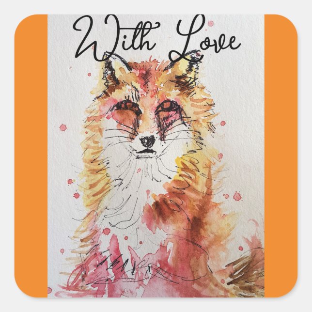 Red Fox Watercolour Birthday Party Paper Plate Square Sticker (Front)
