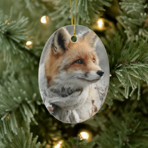 Red Fox Wearing a Knitted Scarf in a Snowy Winter Ceramic Tree Decoration