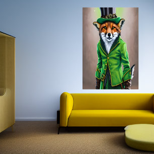 Red fox wearing green clothes   AI Art  Poster