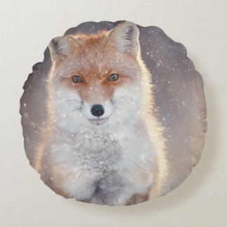 Red fox, winter forest, scenic illustration. round cushion