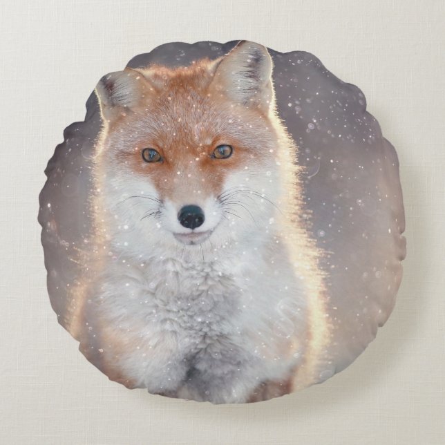 Red fox, winter forest, scenic illustration. round cushion (Front)
