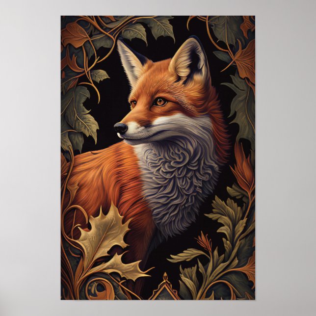Red Fox with Leaves | Elegant Floral Animal Art Poster (Front)