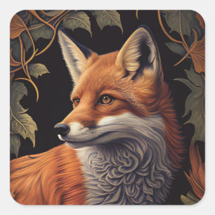 Red Fox with Leaves   Elegant Floral Animal Art Square Sticker