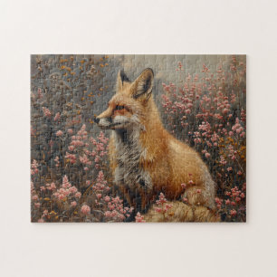 Red Fox with Pink Wildflowers Painting Jigsaw Puzzle