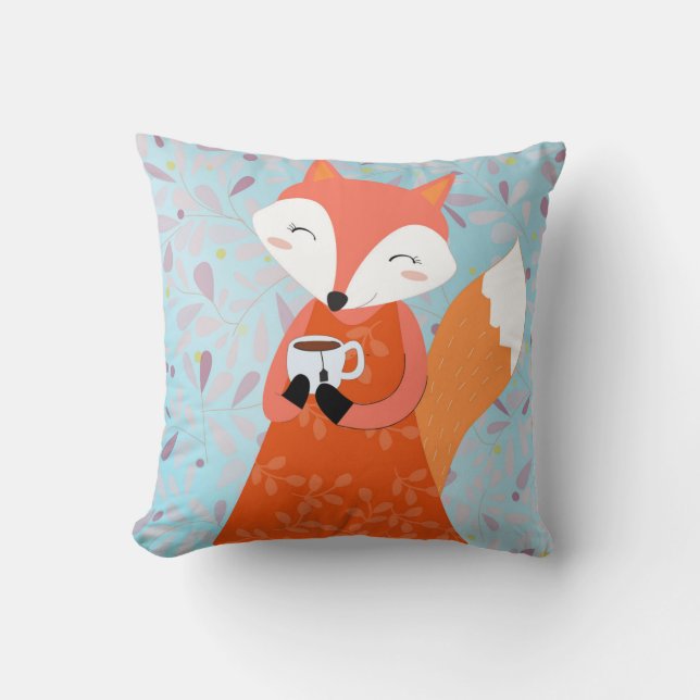 Red fox with Tea Cup cute pillow (Front)