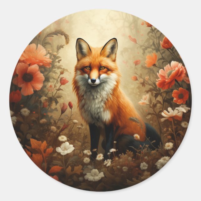 Red fox with wild flowers. classic round sticker (Front)