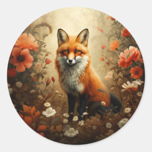 Red fox with wild flowers. classic round sticker