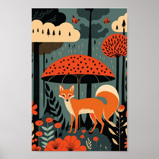 Red Fox Woods Scandinavian Danish Modern Art Poster (Front)