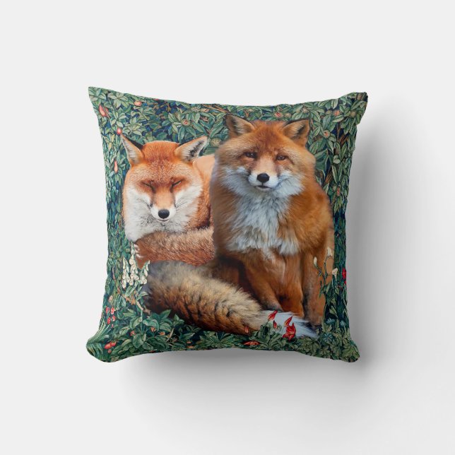 RED FOXES AMONG GREENERY, FOLIAGE AND FLOWERS CUSHION (Front)