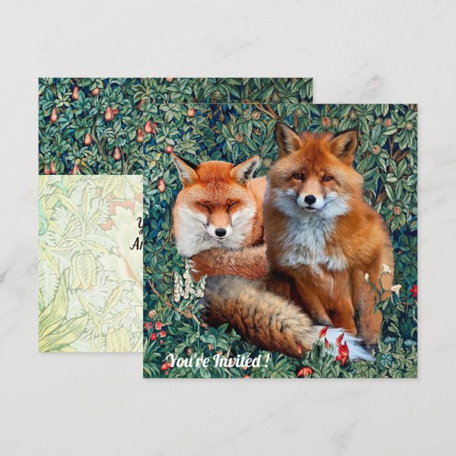 RED FOXES AMONG GREENERY, FOLIAGE AND FLOWERS INVITATION (Front/Back)