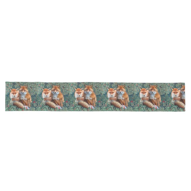 RED FOXES AMONG GREENERY, FOLIAGE AND FLOWERS LONG TABLE RUNNER (Horizontal)
