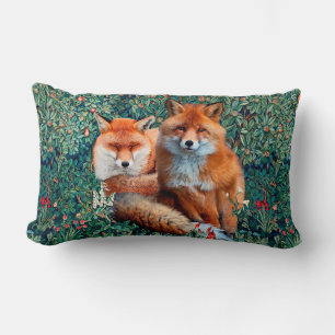 RED FOXES AMONG GREENERY, FOLIAGE AND FLOWERS LUMBAR CUSHION