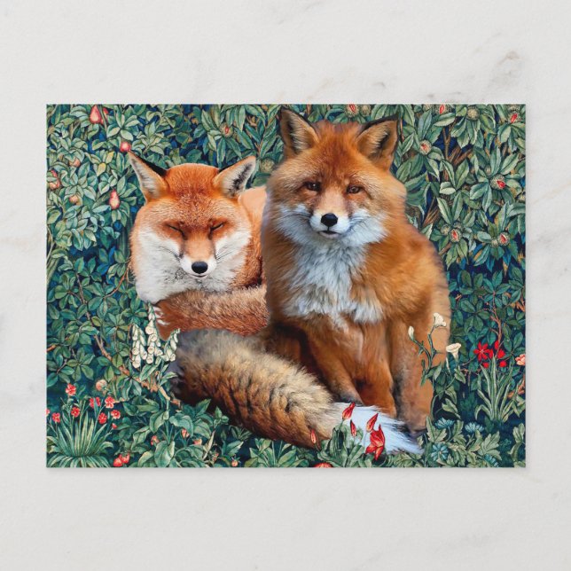 RED FOXES AMONG GREENERY, FOLIAGE AND FLOWERS POSTCARD (Front)