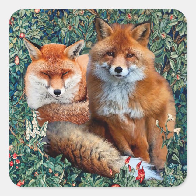 RED FOXES AMONG GREENERY, FOLIAGE AND FLOWERS SQUARE STICKER (Front)
