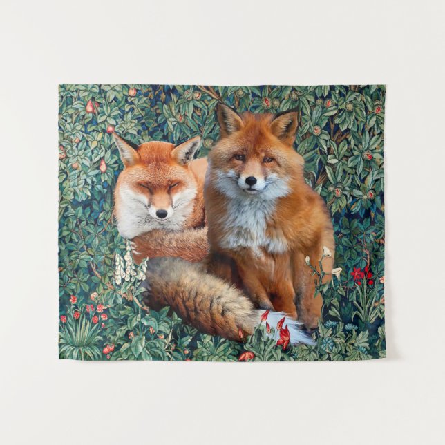 RED FOXES AMONG GREENERY, FOLIAGE AND FLOWERS TAPESTRY (Front (Horizontal))