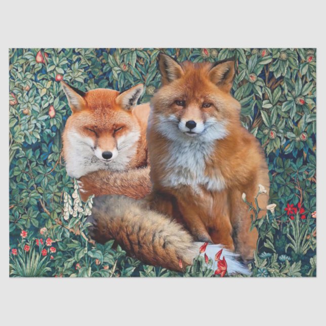 RED FOXES AMONG GREENERY, FOLIAGE AND FLOWERS TISSUE PAPER (Front)