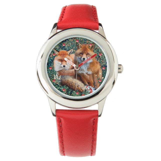 RED FOXES AMONG GREENERY, FOLIAGE AND FLOWERS WATCH (Front)
