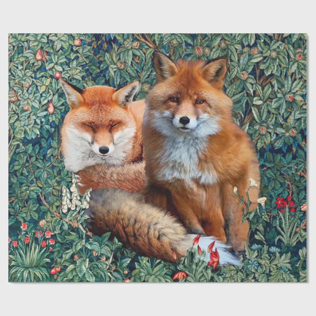 RED FOXES AMONG GREENERY, FOLIAGE AND FLOWERS WRAPPING PAPER (Flat)