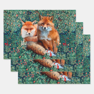 RED FOXES AMONG GREENERY, FOLIAGE AND FLOWERS WRAPPING PAPER SHEET