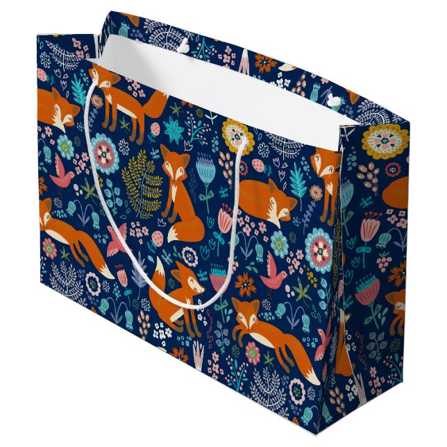 Red foxes and flowers pattern large gift bag (Back Angled)