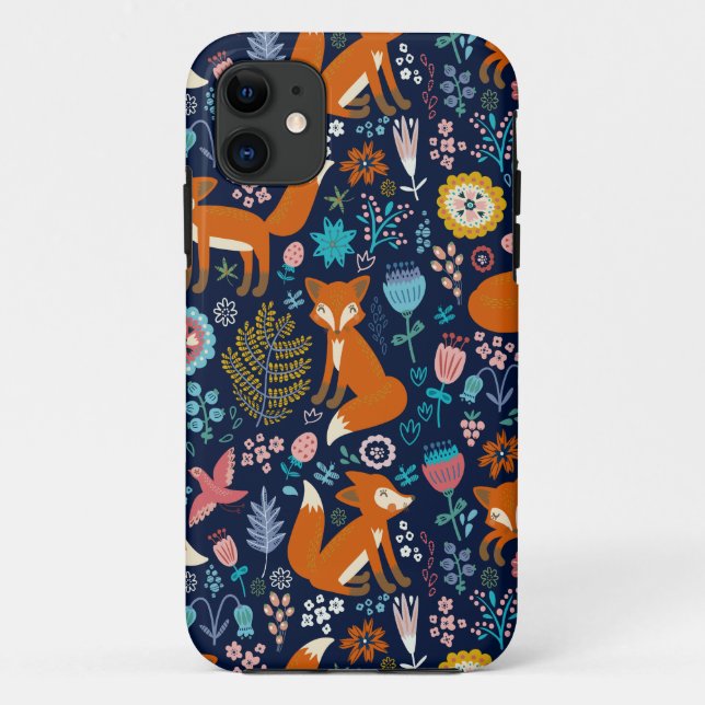 Red Foxes Birds & Colourful Flowers Pattern Case-Mate iPhone Case (Back)