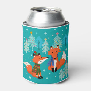 Red Foxes Christmas Winter Can Cooler