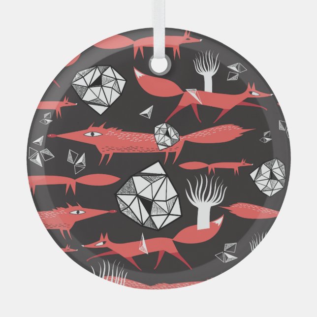 Red Foxes: Dark Background Seamless. Glass Tree Decoration (Front)