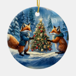 Red Foxes Holiday Design By Rich AMeN Gill Ceramic Tree Decoration