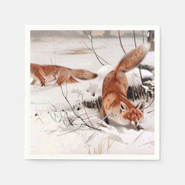 Red Foxes in the Winter Snow (by Wilhelm Kuhnert) Napkin (Front)