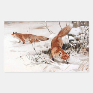 Red Foxes in the Winter Snow (by Wilhelm Kuhnert) Rectangular Sticker