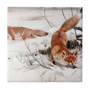 Red Foxes in the Winter Snow (by Wilhelm Kuhnert) Tile