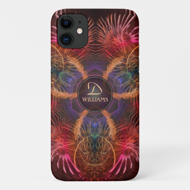 Red Fractal Art Feathers Custom Monogram Name Case-Mate iPhone Case (Back)