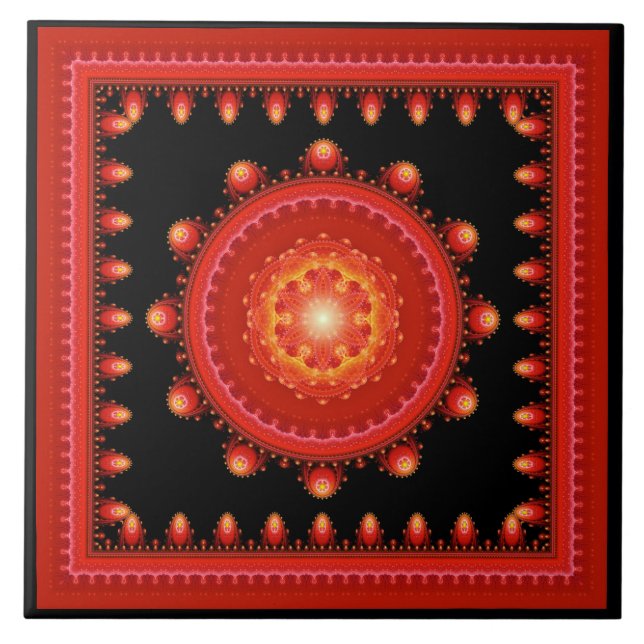 Red fractal oriental framed pattern tile (Front)