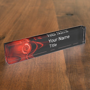 RED FRACTAL ROSE IN BLACK,Abstract Swirls Nameplate