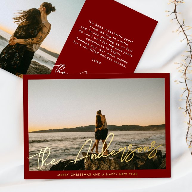 Red Frame Gold Brush Script Family Photo Christmas Foil Holiday Card (Creator Uploaded)