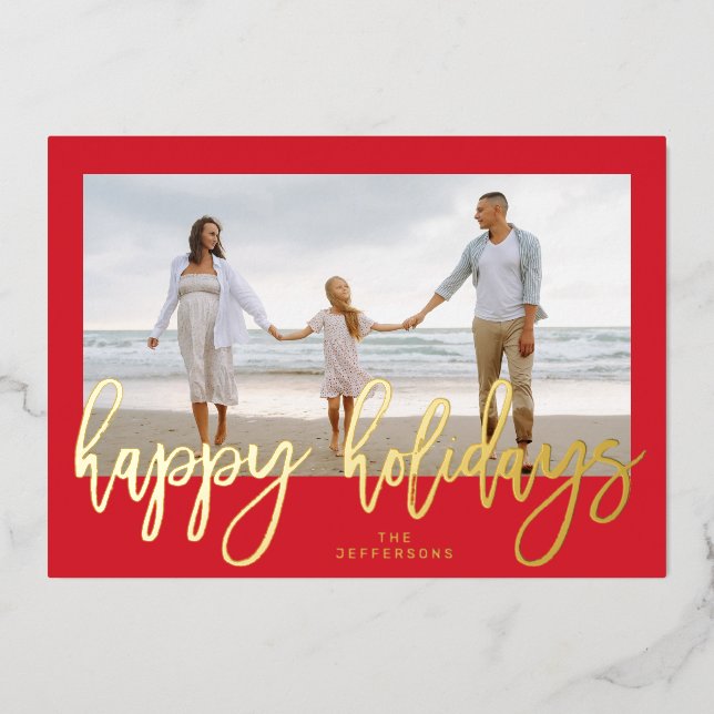 Red Frame & Gold Merry Christmas Photo Foil Holiday Card (Front)