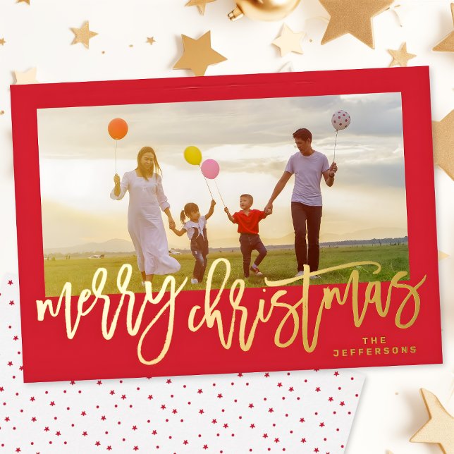 Red Frame & Gold Merry Christmas Photo Foil Holiday Card (Creator Uploaded)