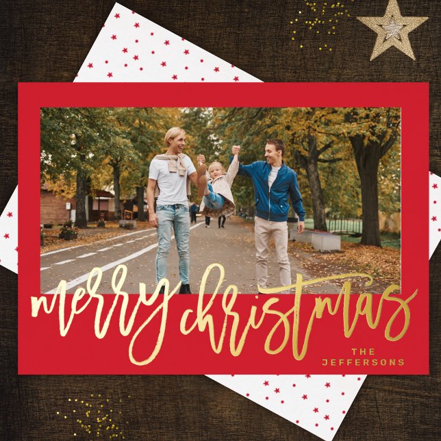 Red Frame & Gold Merry Christmas Photo Foil Holiday Card (Merry Christmas Handwritten and text in REAL FOIL - photo front and starry backer or another photo)