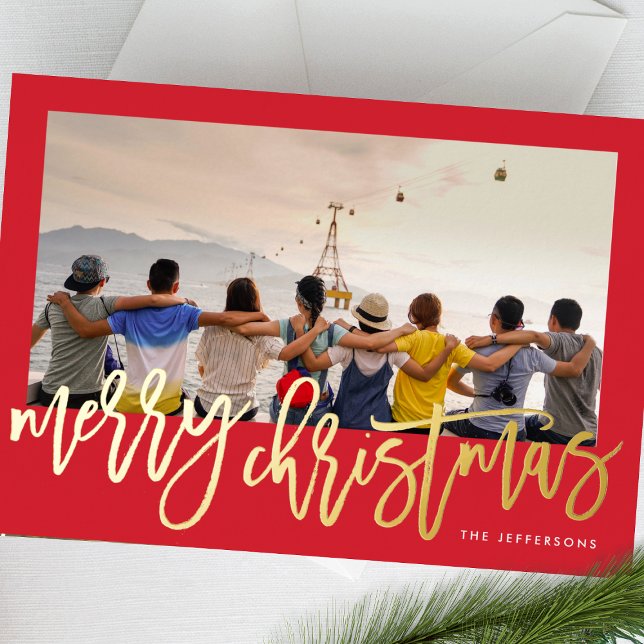 Red Frame & Gold Merry Christmas Photo Foil Holiday Card (Creator Uploaded)