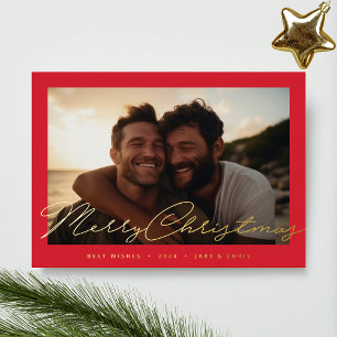 Red Frame Handwritten Gold Merry Christmas Photo Foil Holiday Card