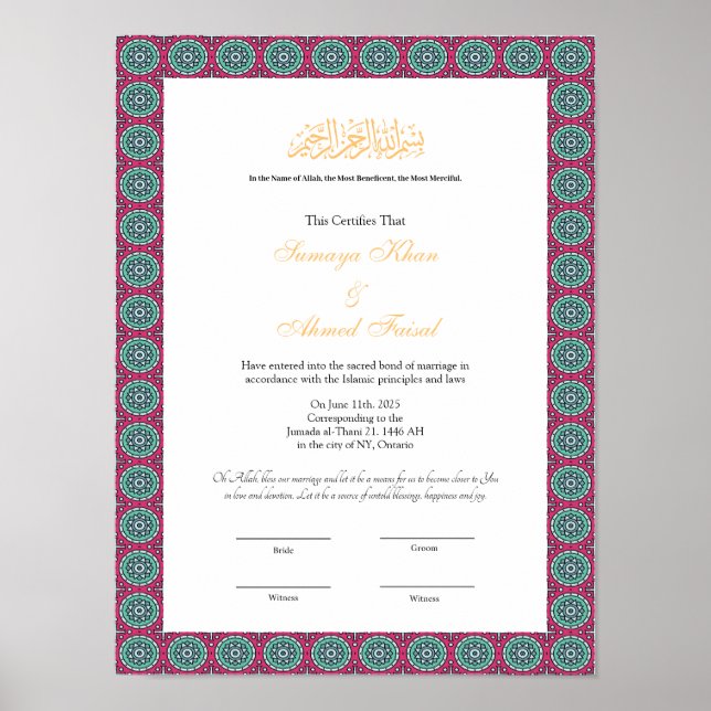 Red frame Muslim nikkah certificate poster (Front)